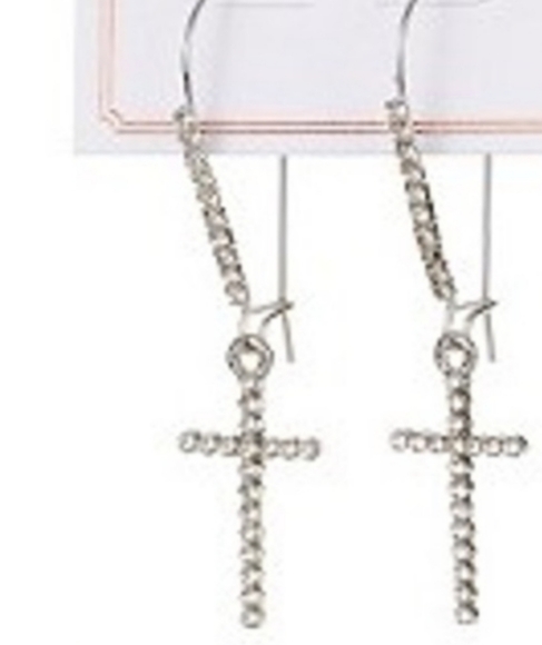 Gold Crystal Cross Drop Earrings, Goldtone 42x18mm NEW - Picture 3 of 7